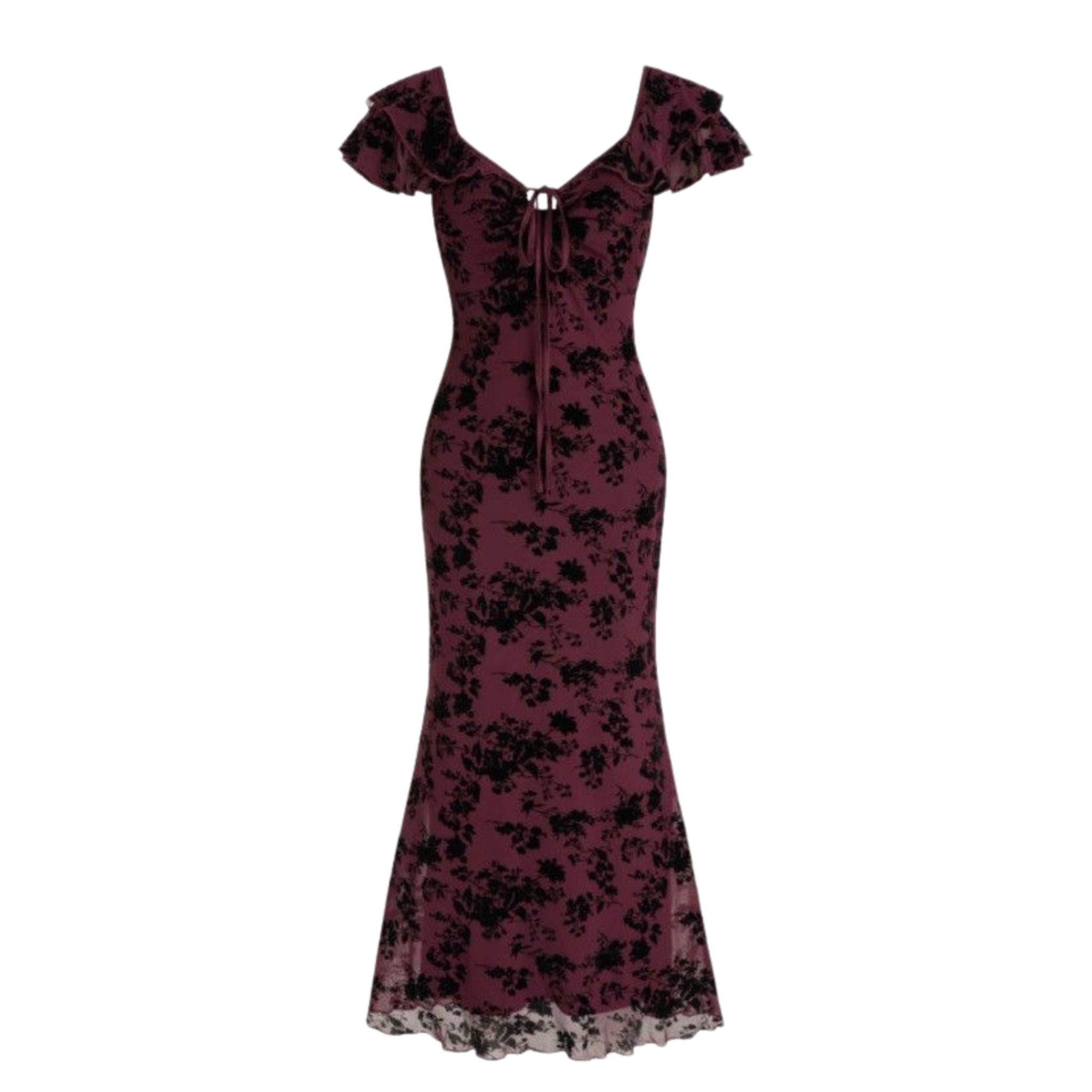 Untitled design (4) Burgundy Floral Mesh Tie-Front Maxi Dress - Image 1