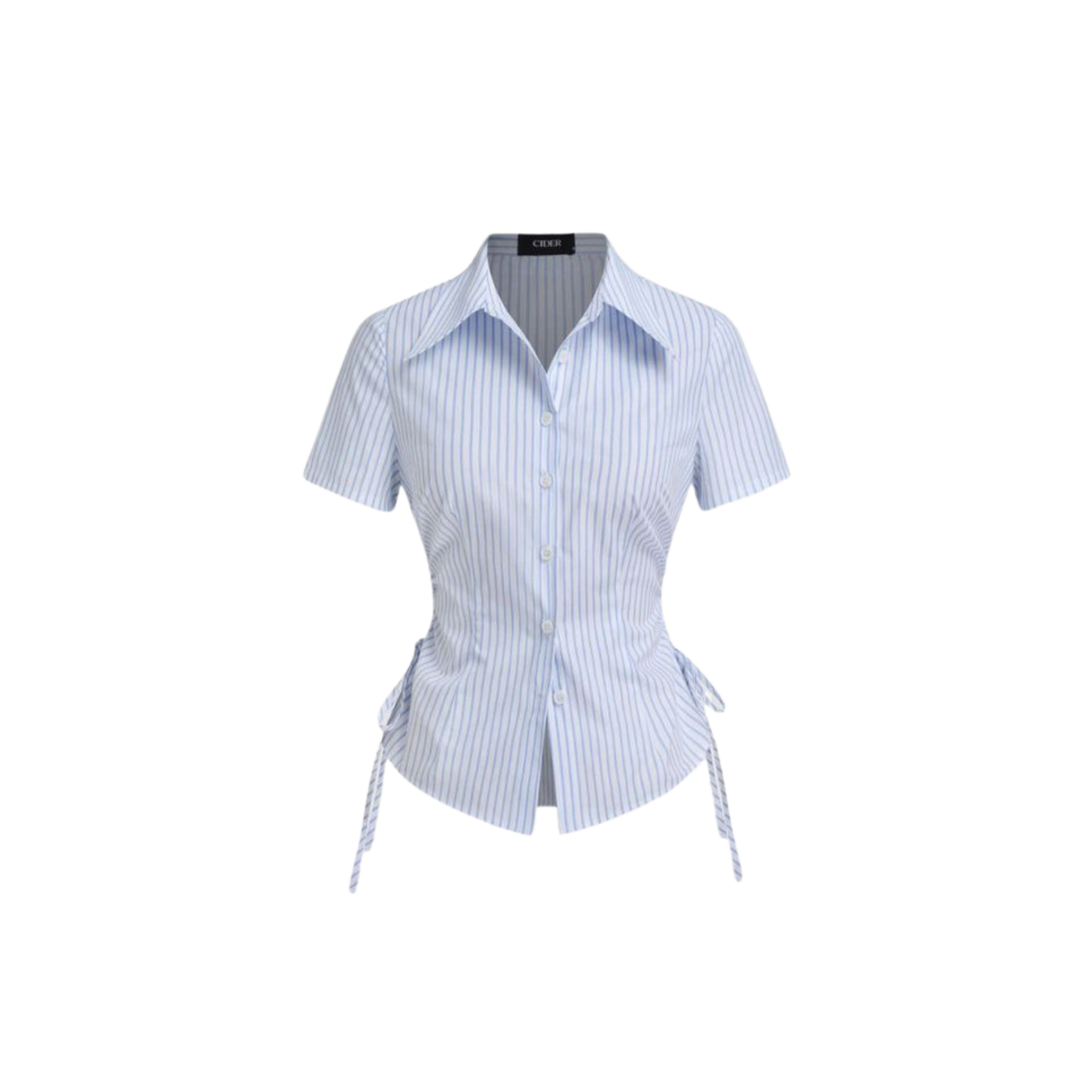 Untitled design (5) Blue Pinstripe Ruched Side Button-Down Shirt - Image 1