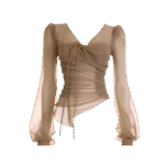 Nude Beige Sheer Mesh Long Sleeve Ruched Top